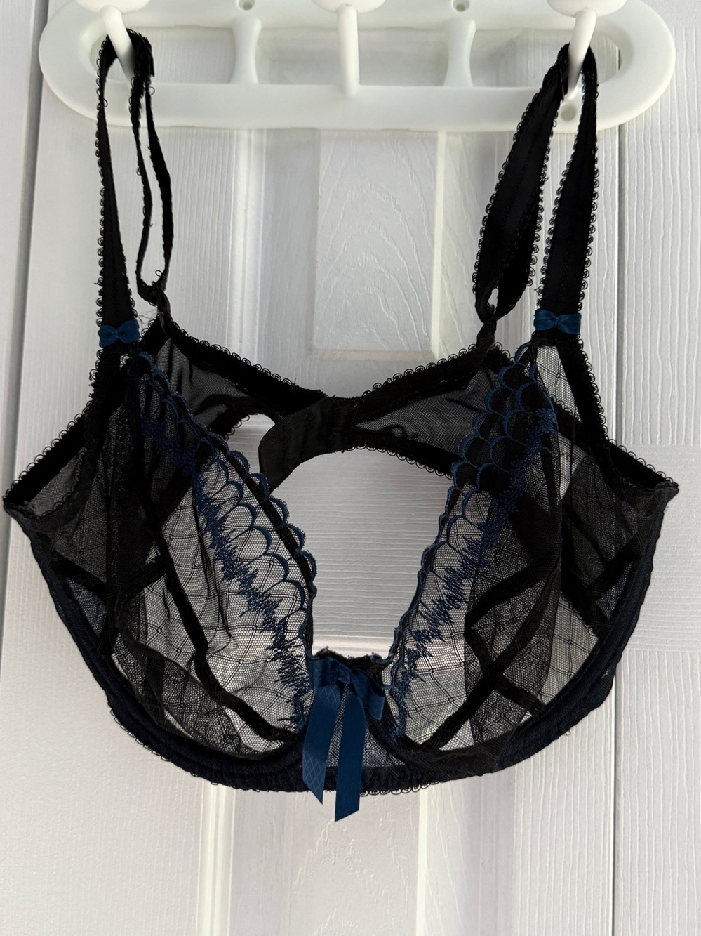 Freya Sheer Black Balconette Bra with Navy Embroidery and Bow